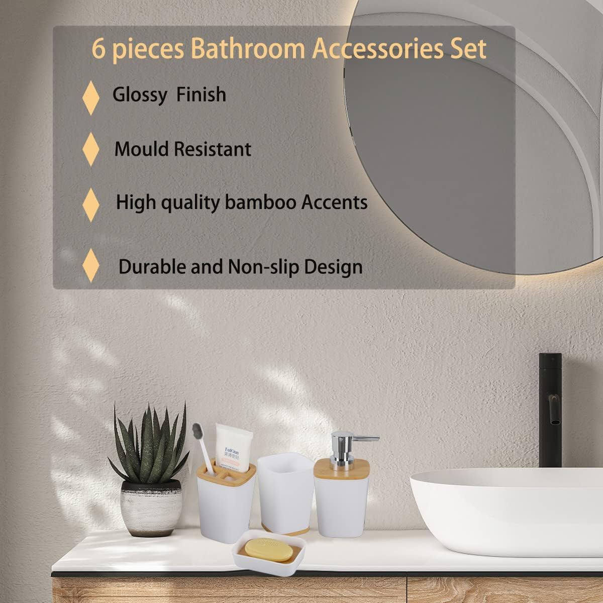 6-Piece Bamboo Bathroom Accessories Set – Bathroom Set with Trash Can, Toothbrush Holder, Soap Dish, Soap Dispenser & Cup – Stylish & Durable for Home Décor
