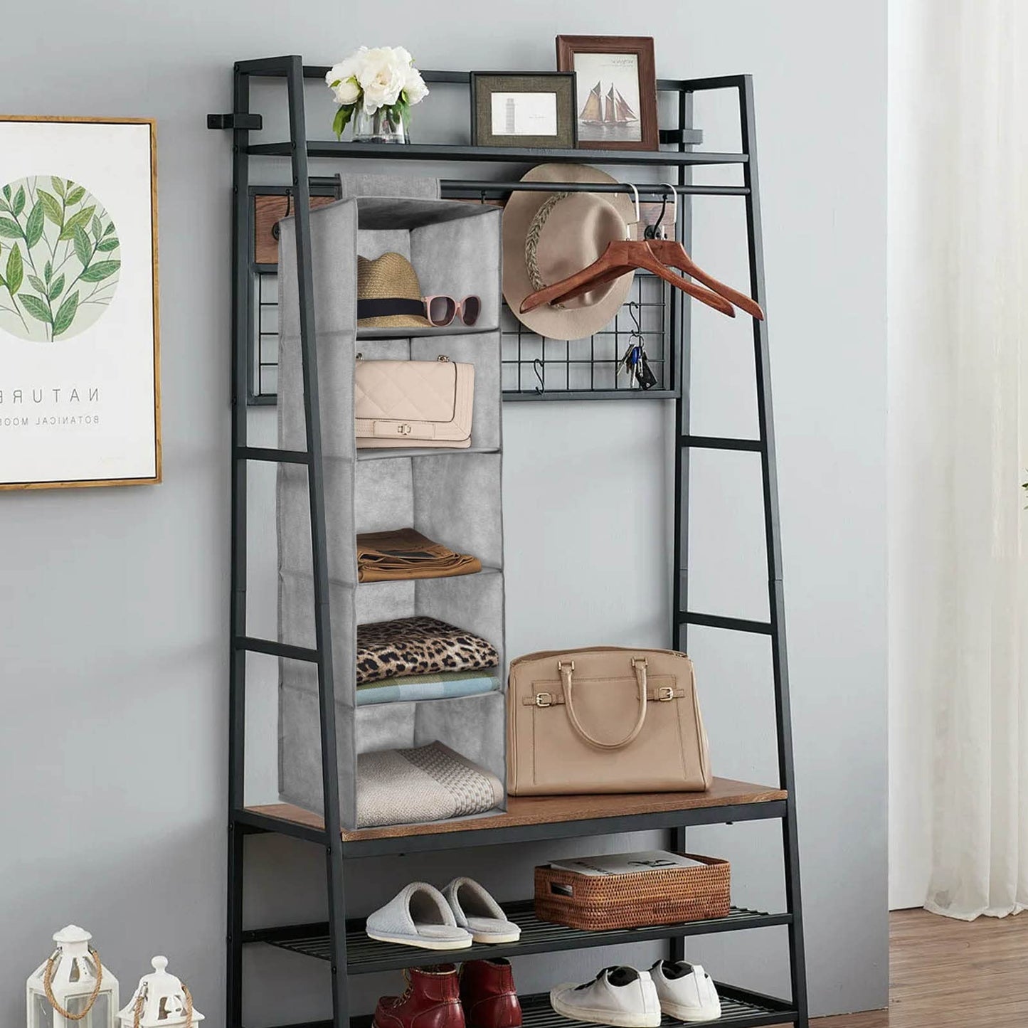 5-Shelf Hanging Closet Organizer, Foldable Cupboard Storage with Easy Fastening Strap, Space-Saving Clothes & Shoe Rack, Grey, 30x30x100 cm