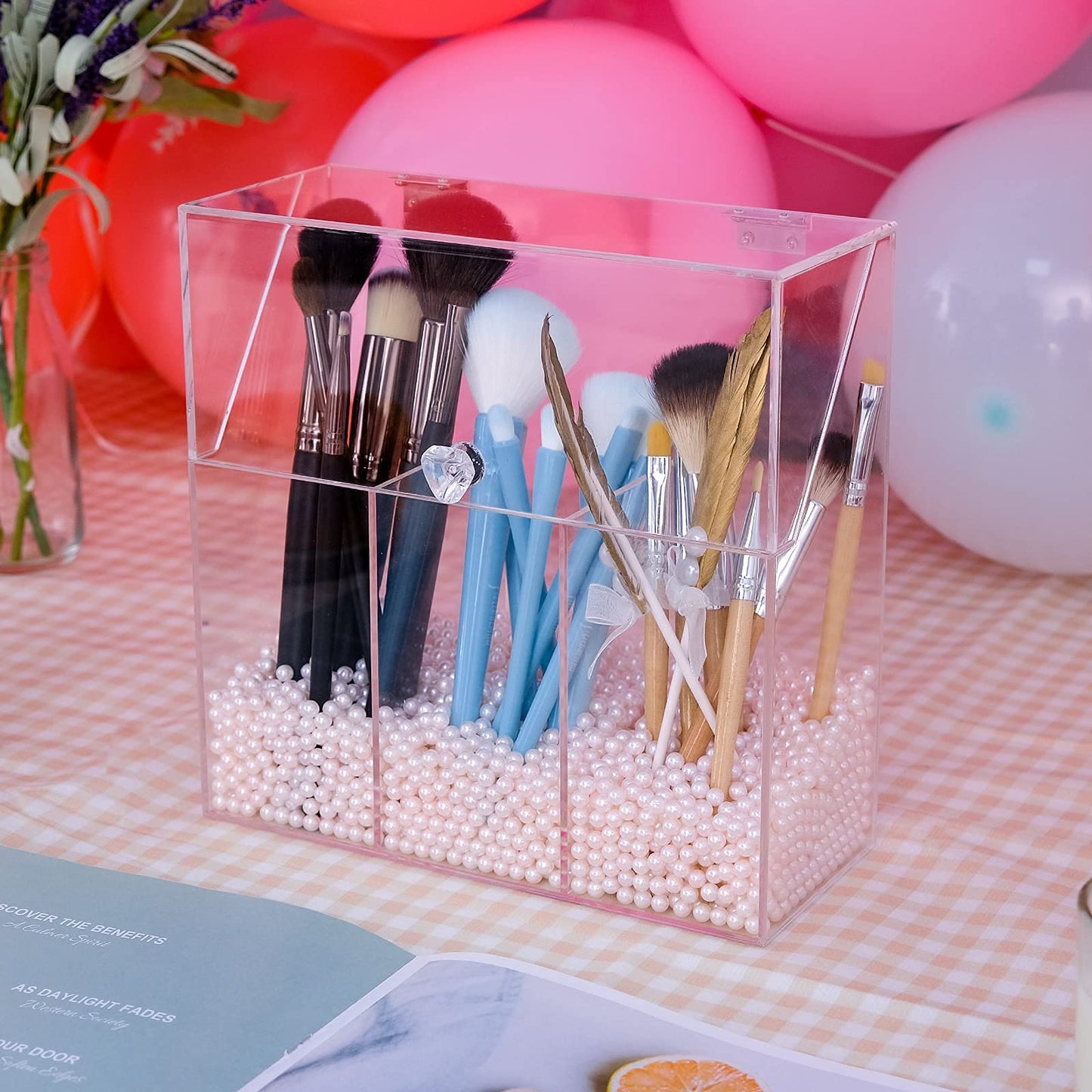 Acrylic Makeup Brush Holder with Lid, 3-Slot Organizer with Decorative Pink Pearls, Clear Protective Storage for Vanity or Bathroom, Heavy-Duty Cosmetics Stand, Elegant Organizer, Clear