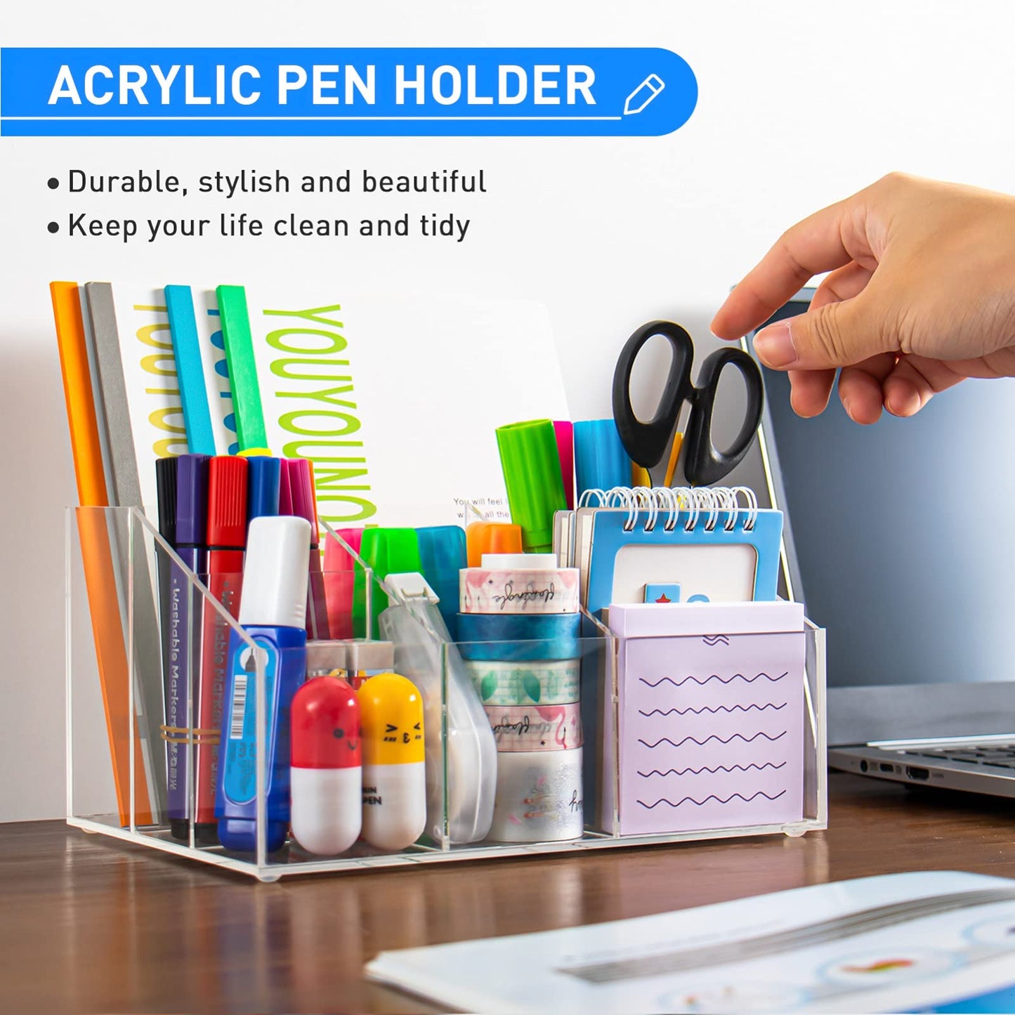Clear Acrylic Pen Holder, Desk Organizer for Pencils, Stationery, Office and Art Supplies