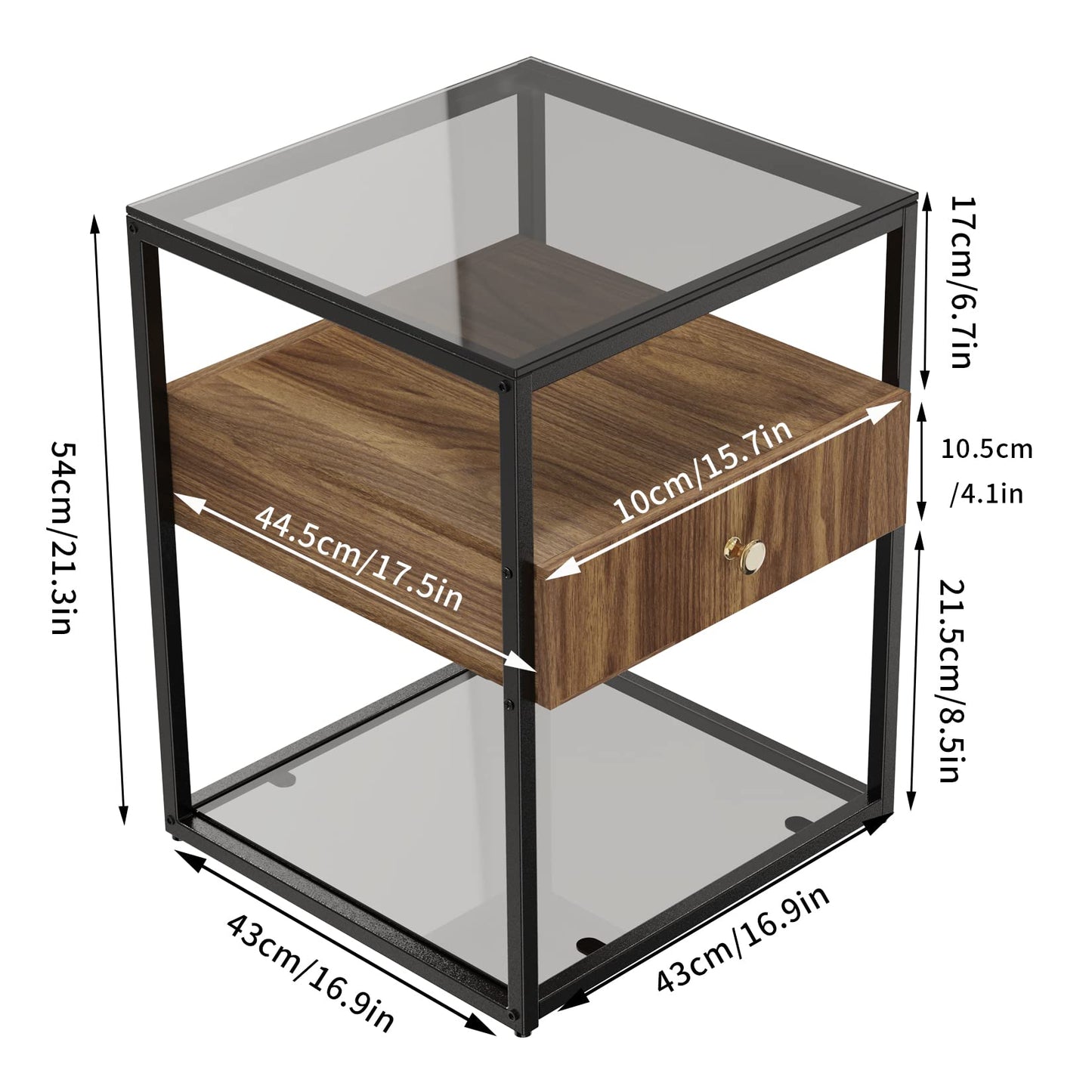 Bedside Table with Drawer: Tempered Glass Sofa Side Table Modern Nightstand with Wood Storage Shelf and Metal Black Frame Small Coffee Table for Living Room Bedroom