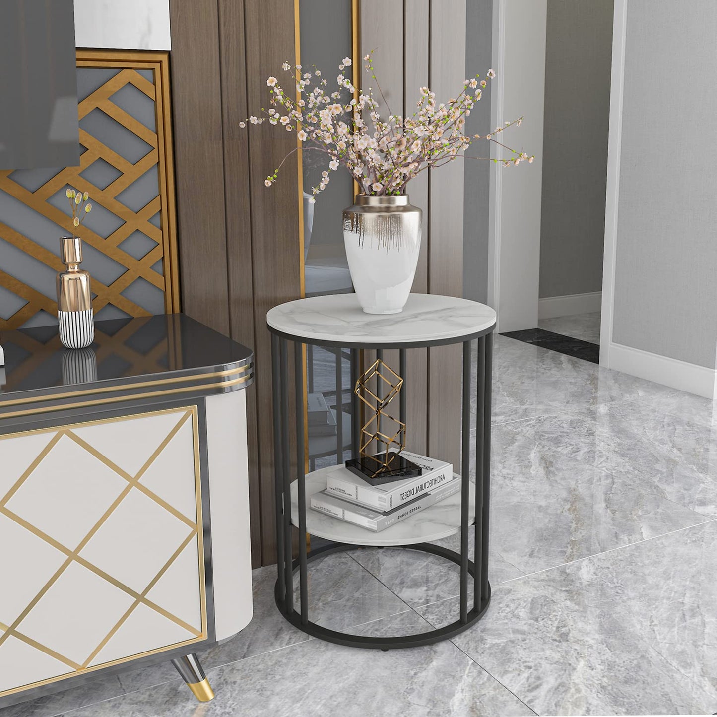 2-Tier Round Faux Marble Side Table, Modern Sofa Table with Black Iron Frame, Luxury Coffee Table for Living Room, Bedroom, or Office – 40D x 40W x 54H CM