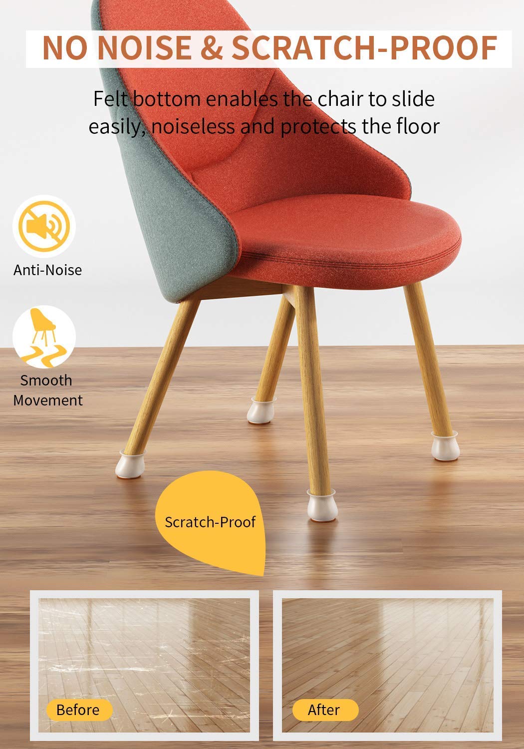 LFEX Chair leg covers,chair leg protectors for hardwood floors 24pcs, silicone felt furniture leg protectors prevent floor scratches and reduce noise(clear)