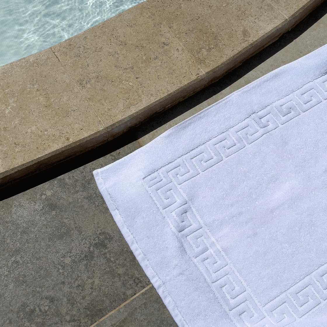 Hotel Cotton Bath Mat, White, Soft and Absorbent 100% Cotton, High GSM Shower Mat with Greek Key Border for Bathroom Floor Comfort, 50x70 cm, 300g