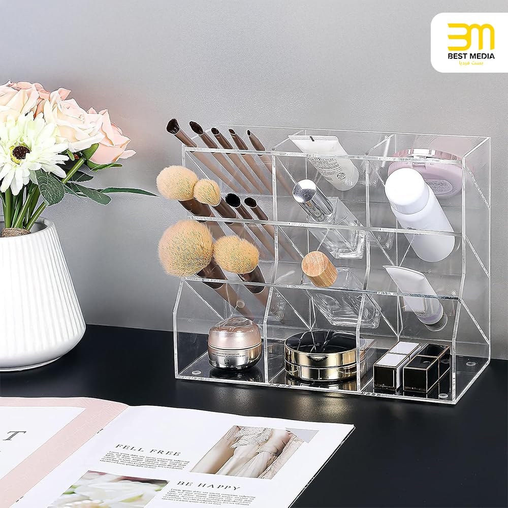 Multi-Functional Acrylic Pen and Marker Organizer for Desk, 12-Compartment Clear Desktop Pencil Holder and Stationary Caddy for Efficient Home, Office, and Art Supply Organization