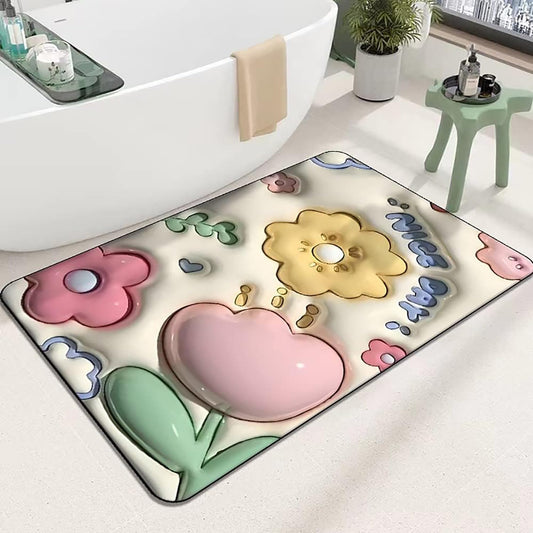 Cute Bath Mat - 3D Shaped Diatom Mud Bath Mat | Absorbent & Non-Slip Bathroom Shower Mat for Tub | Quick-Dry, Stylish Cream Color with "Nice Day" Design