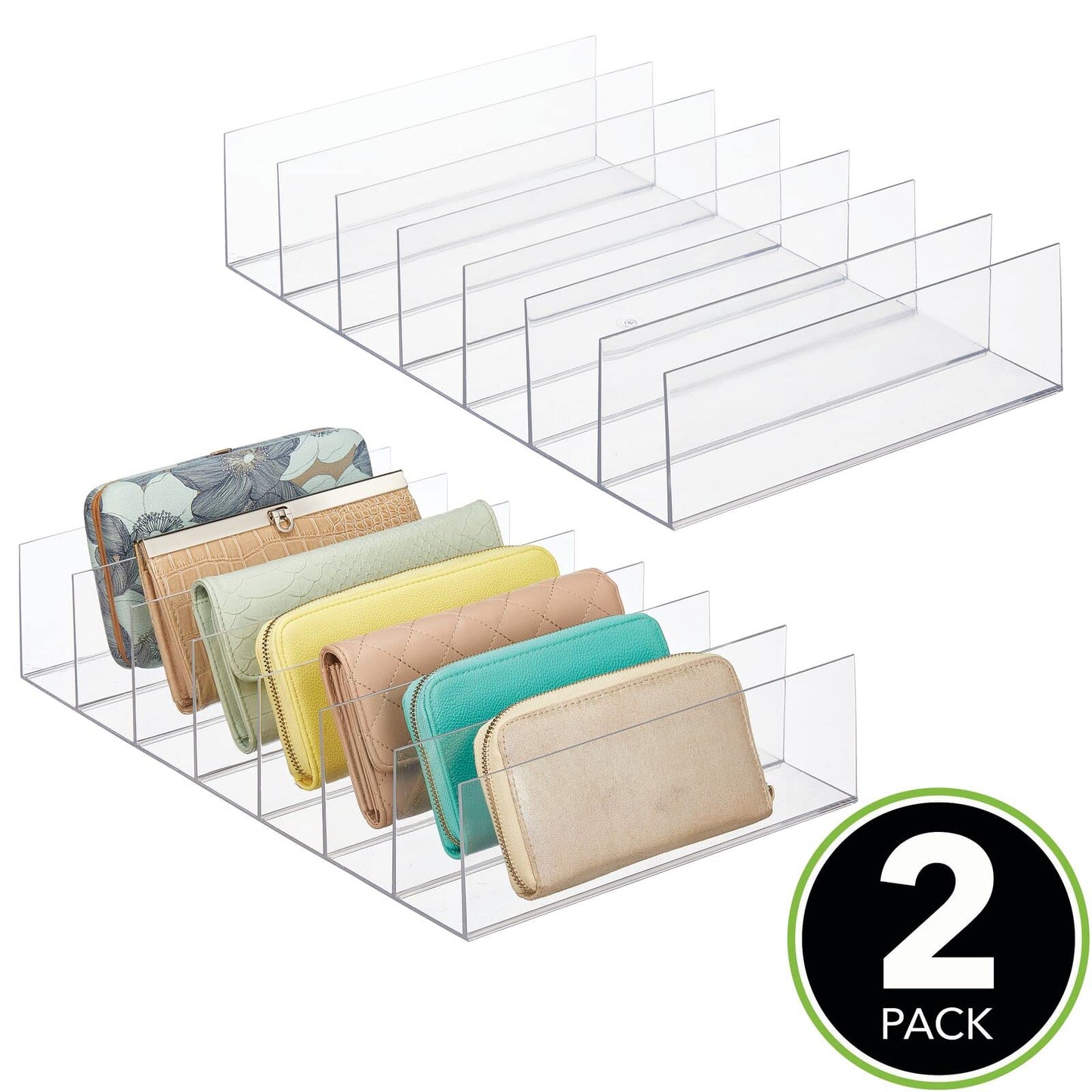 Clear Acrylic Divided Clutch Organizer, Closet Shelf Storage for Purses, Wallets, and Accessories, 7 Sections, 2-Pack