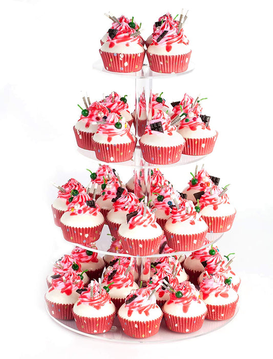 Round Acrylic Cupcake Stand, 4-Tier Premium Cupcake Holder, Tower Display for Pastries, Cake, Desserts, Ideal for Candy Bar, Party Decor, Weddings, Birthdays, Baby Showers and Events, Clear