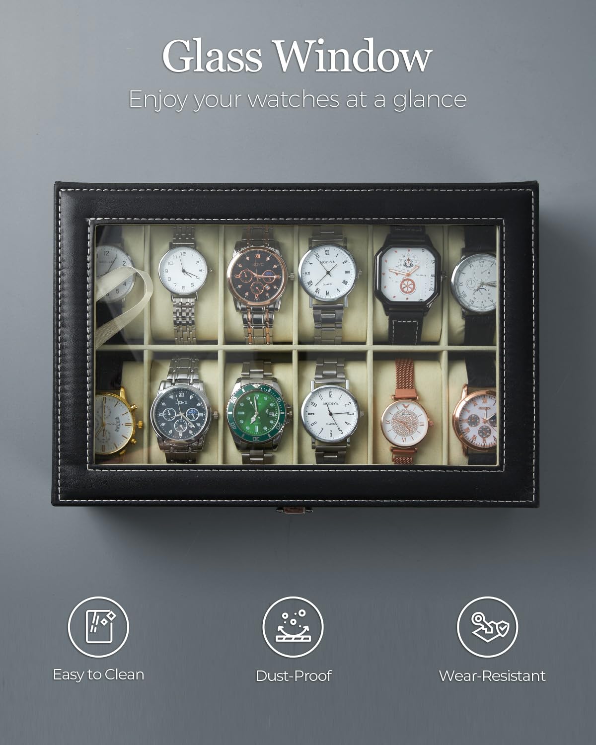 Watch Organizer Case for Men, 12 Slot Watch Box with Real Glass Lid, PU Leather Display Storage, Soft Velvet Interior, Jewelry Holder