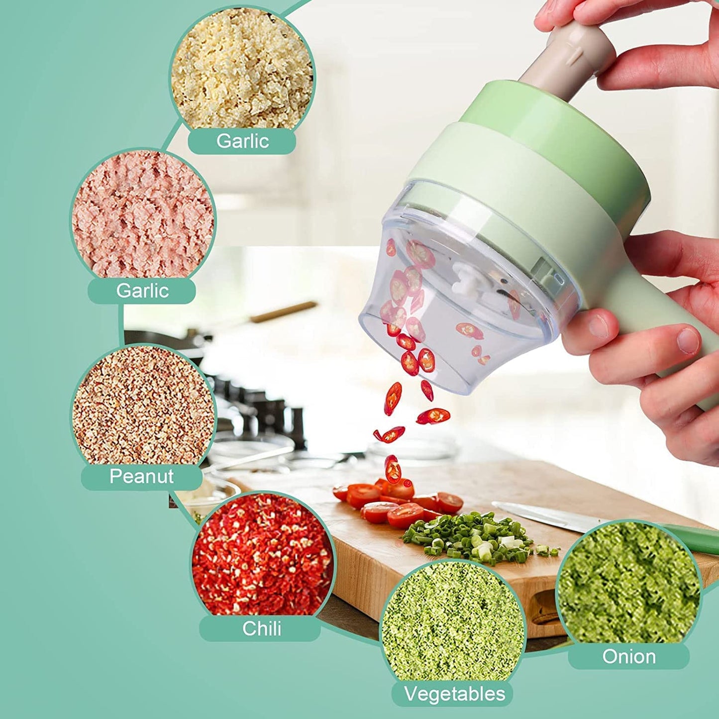 4-in-1 Electric Handheld Cooking Cutter Vegetable Cutter, Multifunction Food Chopper and Slicer for Garlic, Pepper, Chili, Onion, Celery, Ginger, and Meat with Cleaning Brush