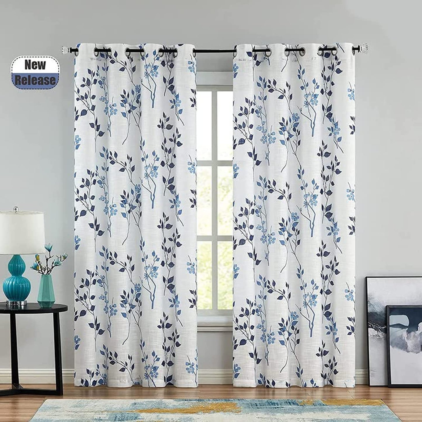 Rich Natural Linen curtains - Printed floral curtains- Semi-transparent - Steel grommets for living room, bedroom, kitchens, 1 piece
