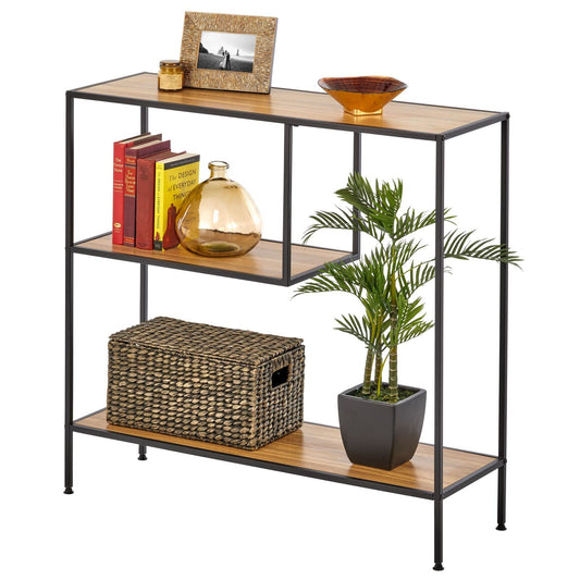 طاولة كونسول خشبية حديثة مع رف - إطار معدني قوي - وحدة أثاث لغرفة المعيشة، غرفة النوم، الرواق، المدخل - أقدام قابلة للتعديل، مقاومة للماء، سطح خشبي - أسود/جوز نورديك