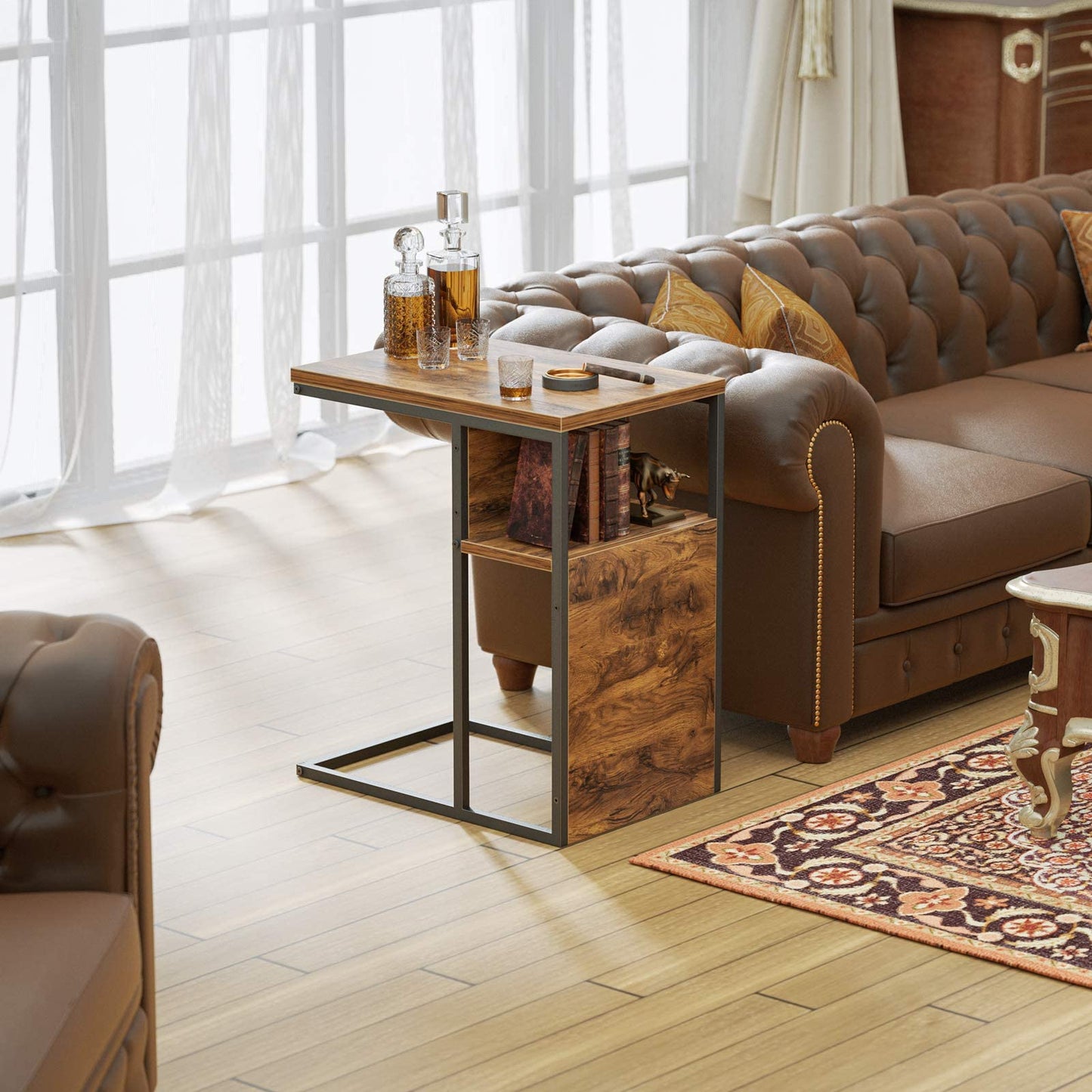 Sofa Side End Table, C Shaped Reversible Table with Wooden Shelf, Side Table for Living Room, Bedroom, Metal Frame Nightstand
