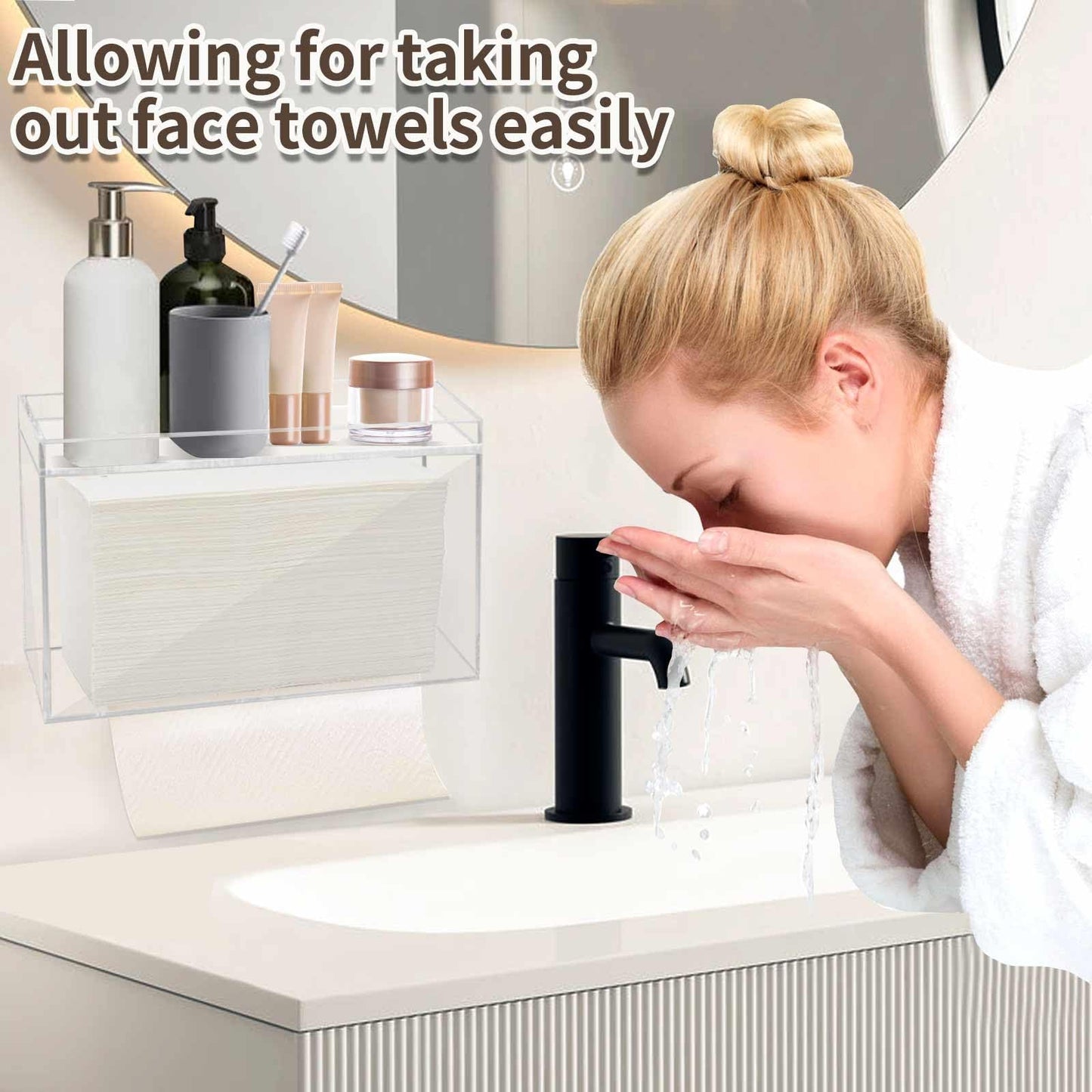 Clear Acrylic Disposable Face Towel Holder, Wall Mount or Tabletop Dispenser for Ourmed Life Towels, Modern, Hygienic Bathroom Storage for Cotton Pads and Tissues.