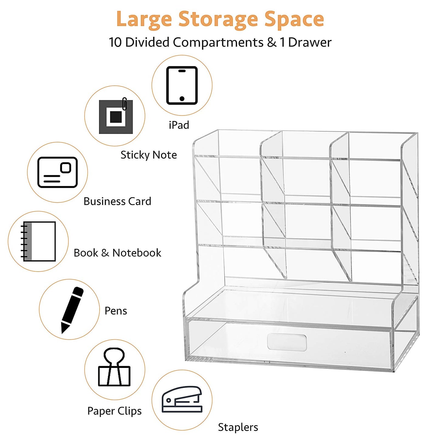 Clear Acrylic Desk Organizer for Pens and Accessories, Multi-Compartment Marker and Pencil Holder with Integrated Storage Drawer, Desktop Organization Caddy for Art and Office Supplies