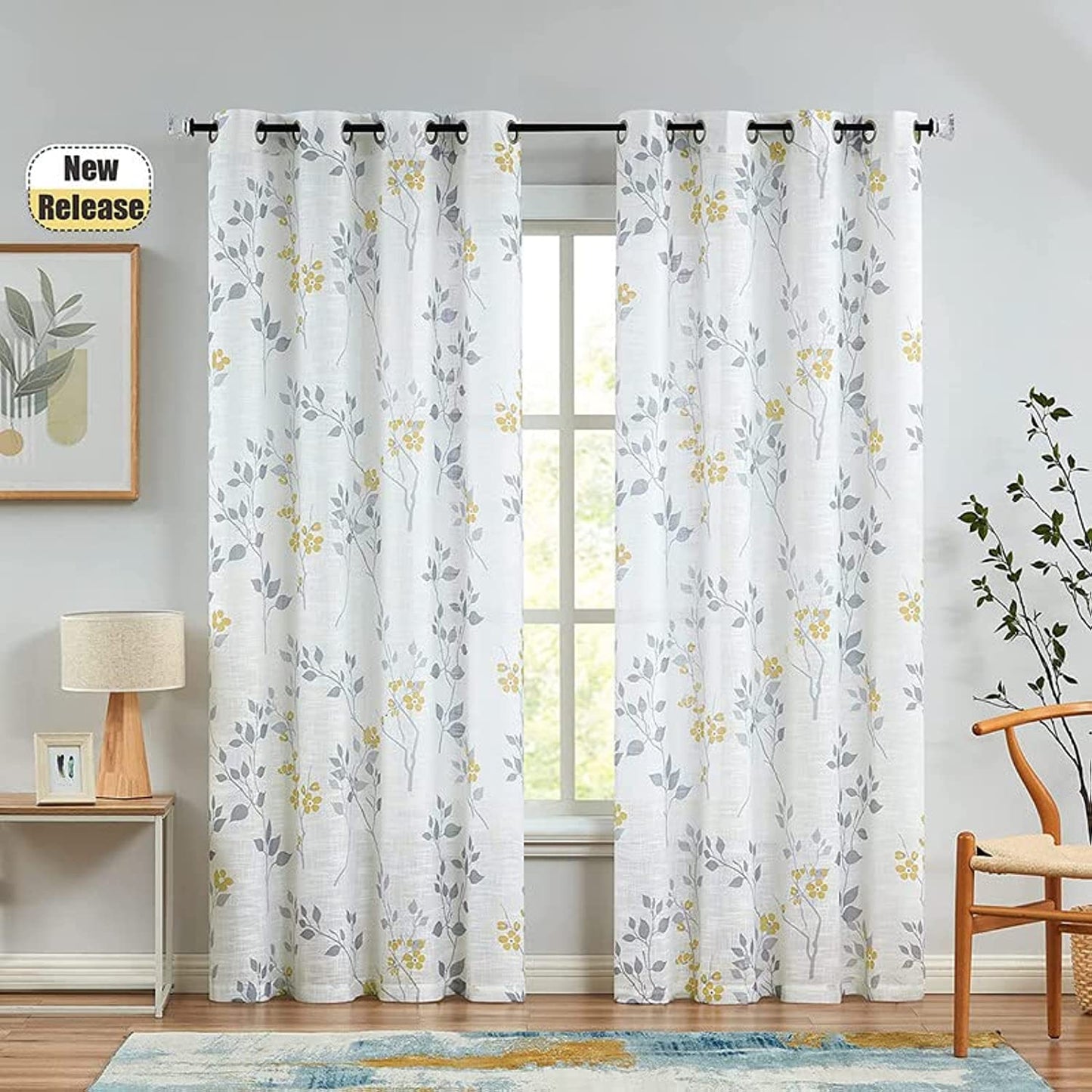 Rich Natural Linen curtains - Printed floral curtains- Semi-transparent - Steel grommets for living room, bedroom, kitchens, 1 piece