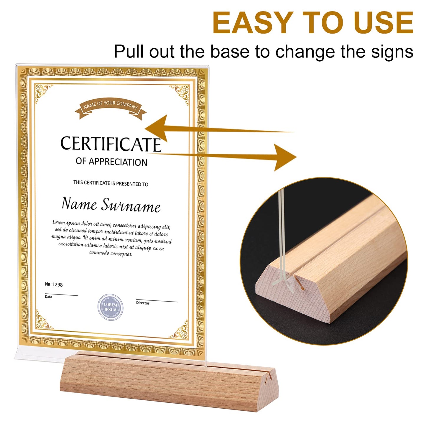A5 Acrylic Sign Holder Table Stands 10 Pack, Double-Sided 23.3 x 15 x 5 cm Display with Wooden Base, Menu and Poster Holder for Restaurant Hotel Office or Events