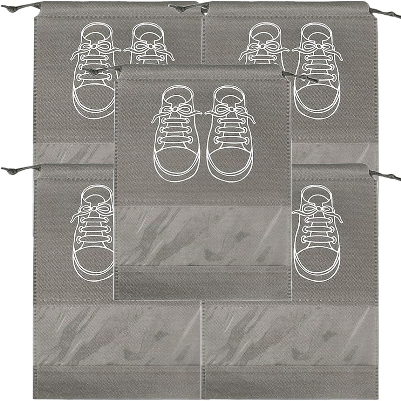 حقائب تخزين أحذية كبيرة، حقائب أحذية مقاومة للغبار برباط مع نافذة شفافة، منظم سفر مقاوم للماء، حقائب أحذية محمولة - رمادي
