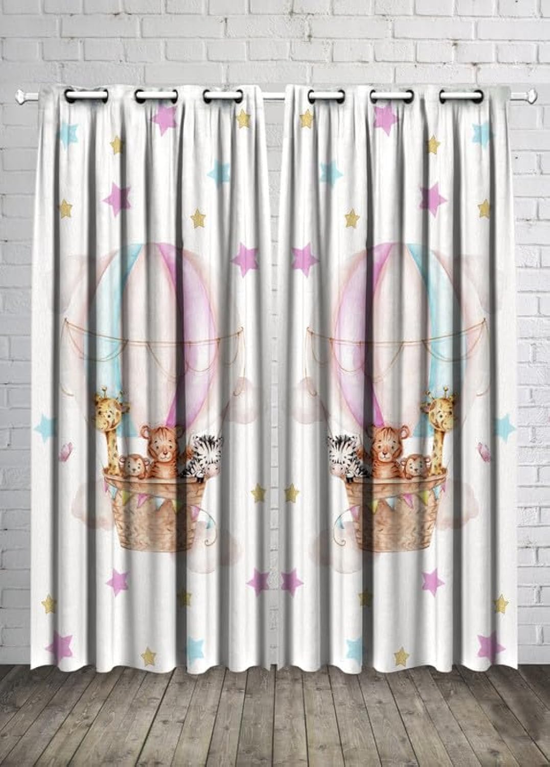 Kids Room Balloons and Safari Animals Baby Girl Curtain -Linen Velvet Fabric -Privacy - Steel Grommets - 2 Pieces