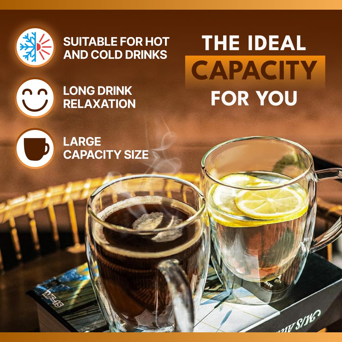 Mandorra Double Walled Glass Coffee Mugs, Double Wall Latte Mugs, set of 2 Cappuccino Cups, Clear Espresso Cups, Insulated Glass Mugs With Handle, 12 Oz,Thermos Cup