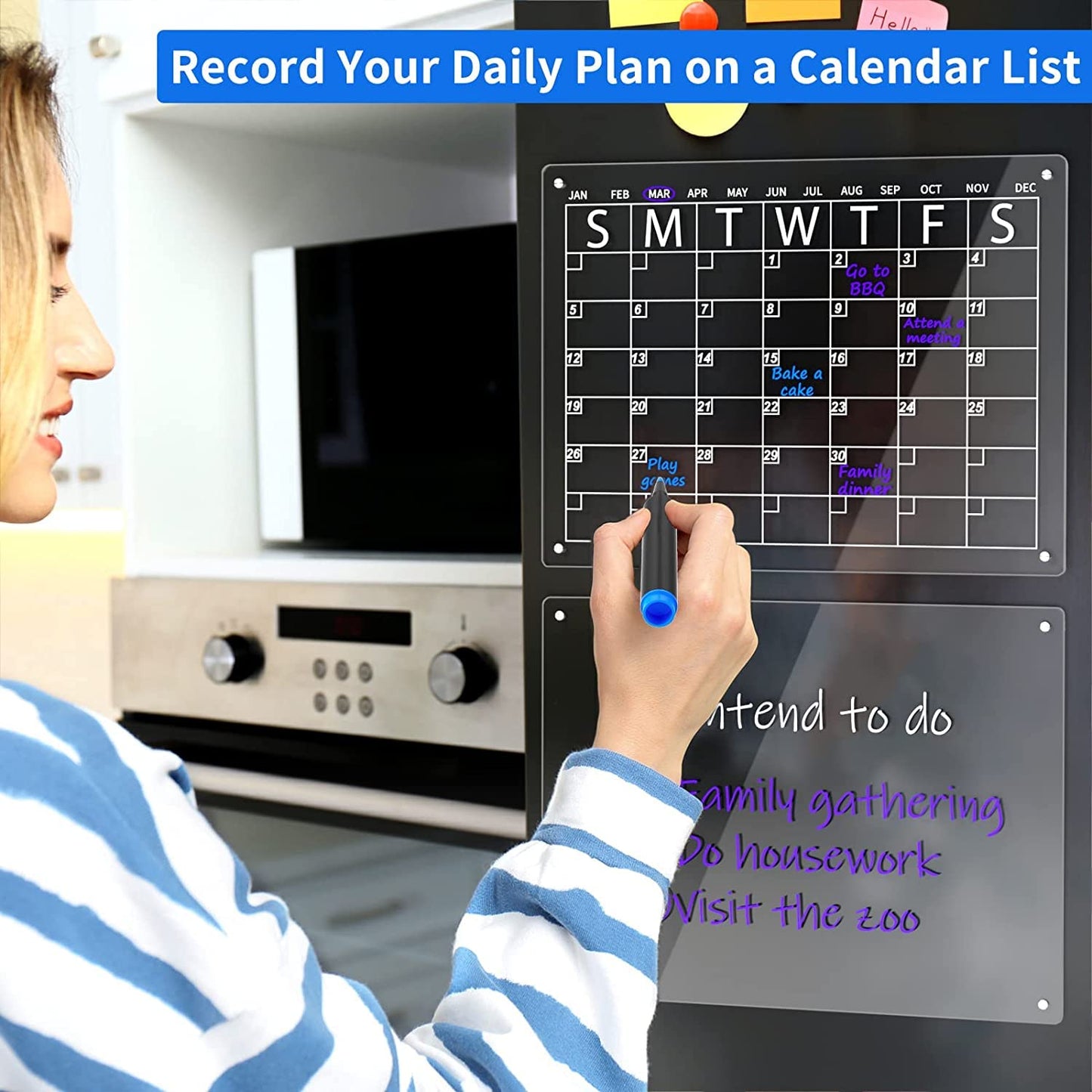 Acrylic Magnetic Dry Erase Board and Calendar Set, Clear Fridge Organizer with Markers and Pen Holder, 40 x 30 cm, For Planning Notes and Schedules, Set of 2