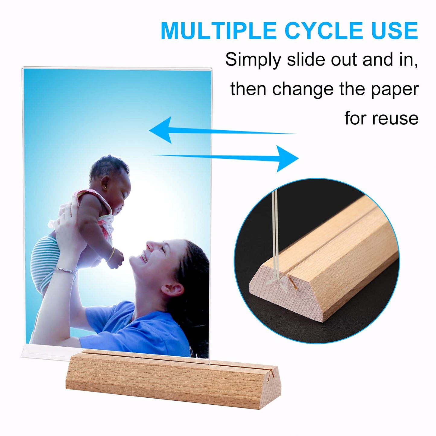 A5 Menu Card Holder, 6-Pack Clear Acrylic T-Stand with Wooden Base, Double-Sided Display Stand for Menus, Flyers, Documents and Signage, For Restaurants, Cafés, and Office Desks, Clear