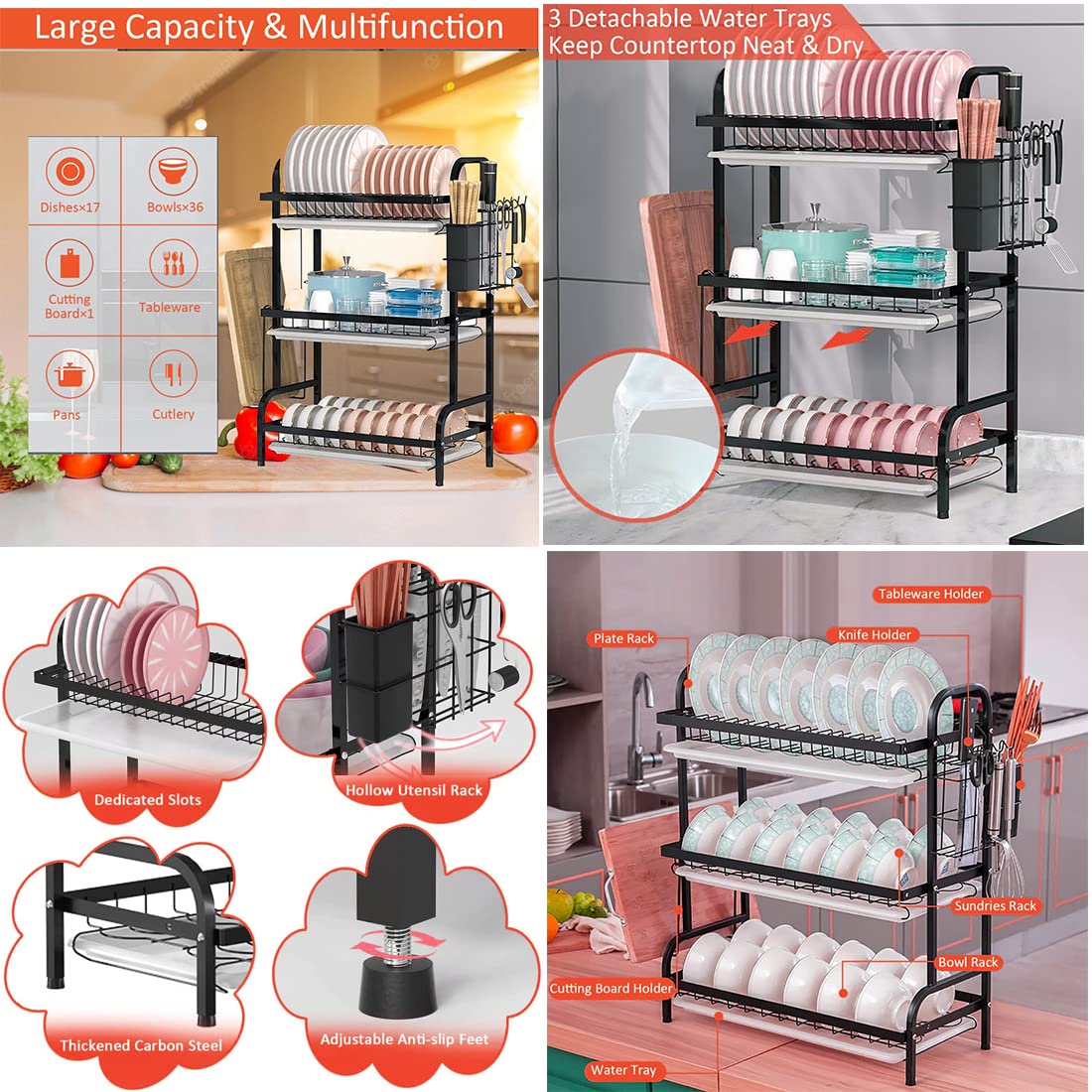 NQV 3 Tier Dish Drying Stand Large Dish Rack for Plates Cups Bowls Utensils Cutting Board and Cutlery Metal Dish Drying Rack with Spray Paint Durable Dish Rack with 3 Removable Water Trays