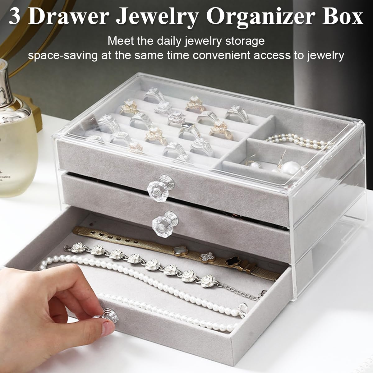 Clear Acrylic Jewelry Box – Large Capacity Organizer with 3 Velvet-Lined Drawers for Rings, Bracelets, Earrings, and Accessories