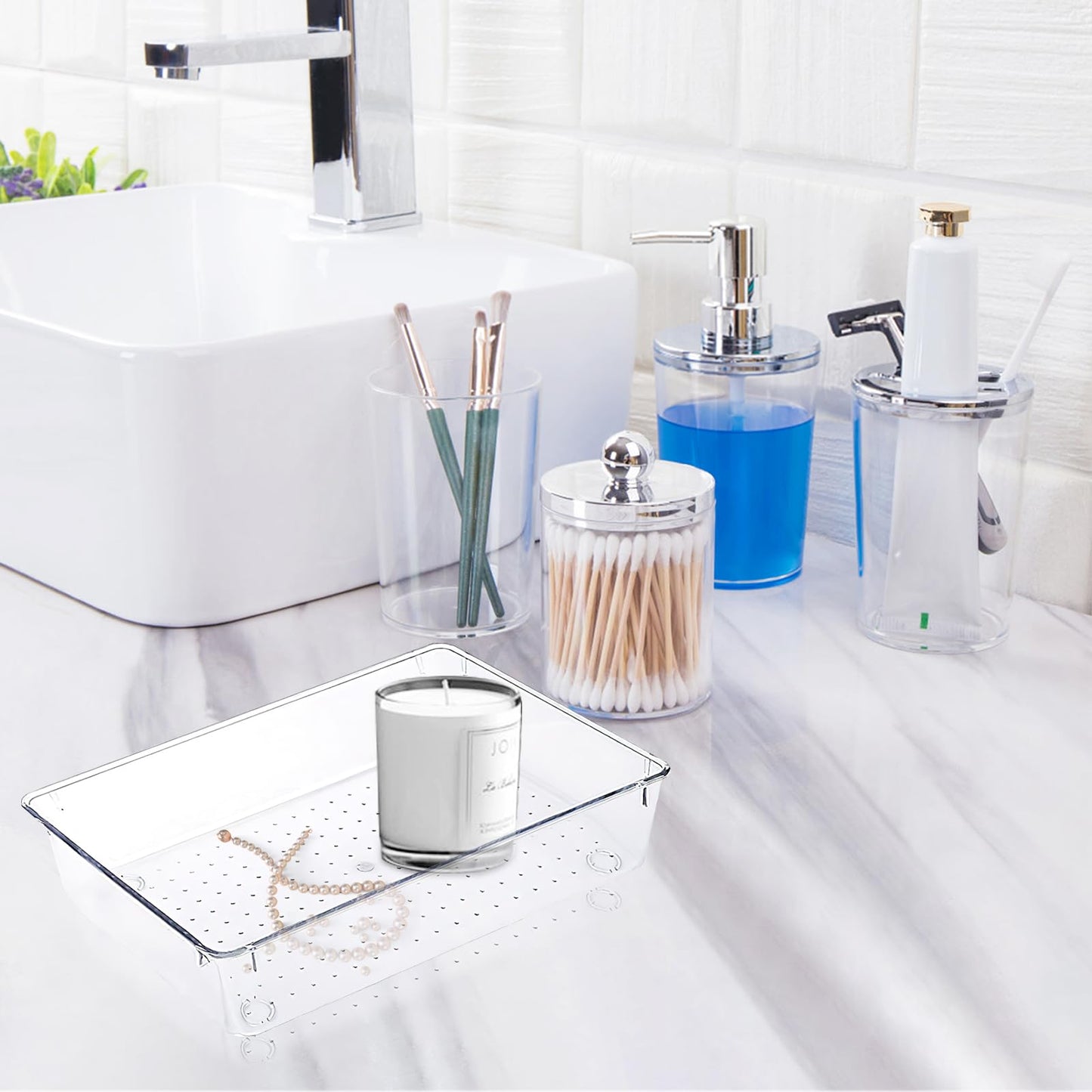 VOSSOT 6 Pieces Drawer Organiser System, Fridge Organiser Set, Stackable Storage Boxes, Clear Plastic Makeup Drawer Organiser Box, Desk Organiser Drawers