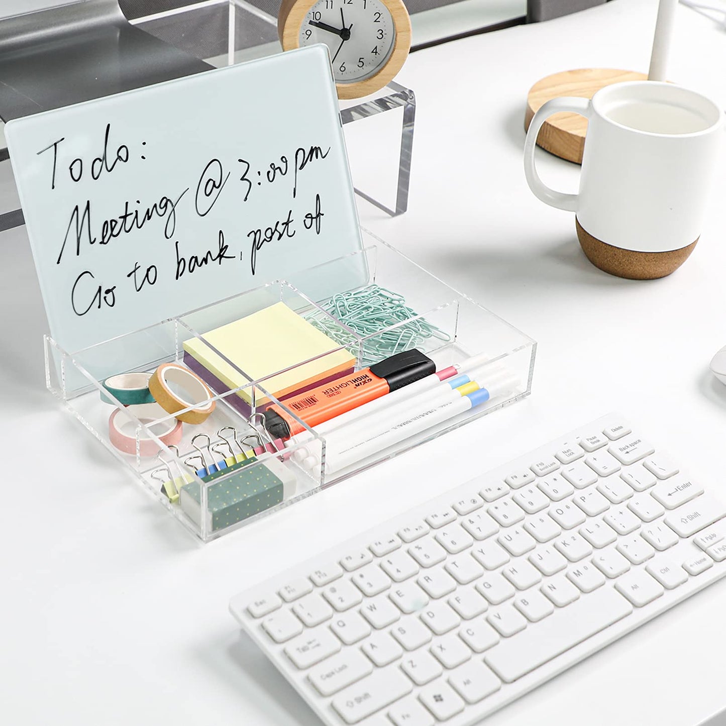 Desktop Glass Dry Erase Board with Organizer, Small Whiteboard with Storage Base and Marker Tray, Modern Desk Pad and Note Board for Office, Home, and School Supplies (White)