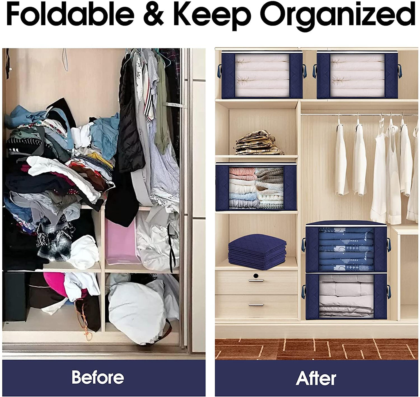 Fresh Horizontal Style Foldable Clothes Storage Bags with Reinforced Handle (Dark Blue)