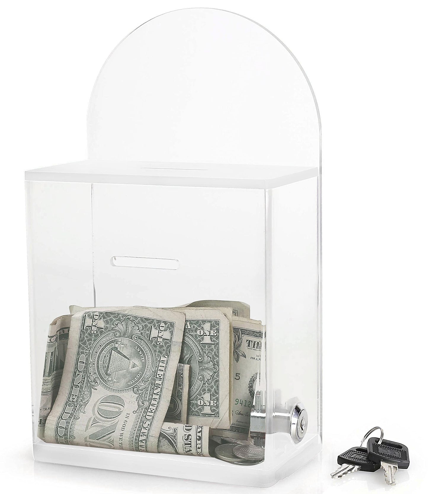 Acrylic Donation and Suggestion Box, Wall-Mountable or Countertop Collection Box with Lock and Keys, Round Back Display Area, Pre-Drilled Holes for Secure Installation, 25 x 15 cm, Clear