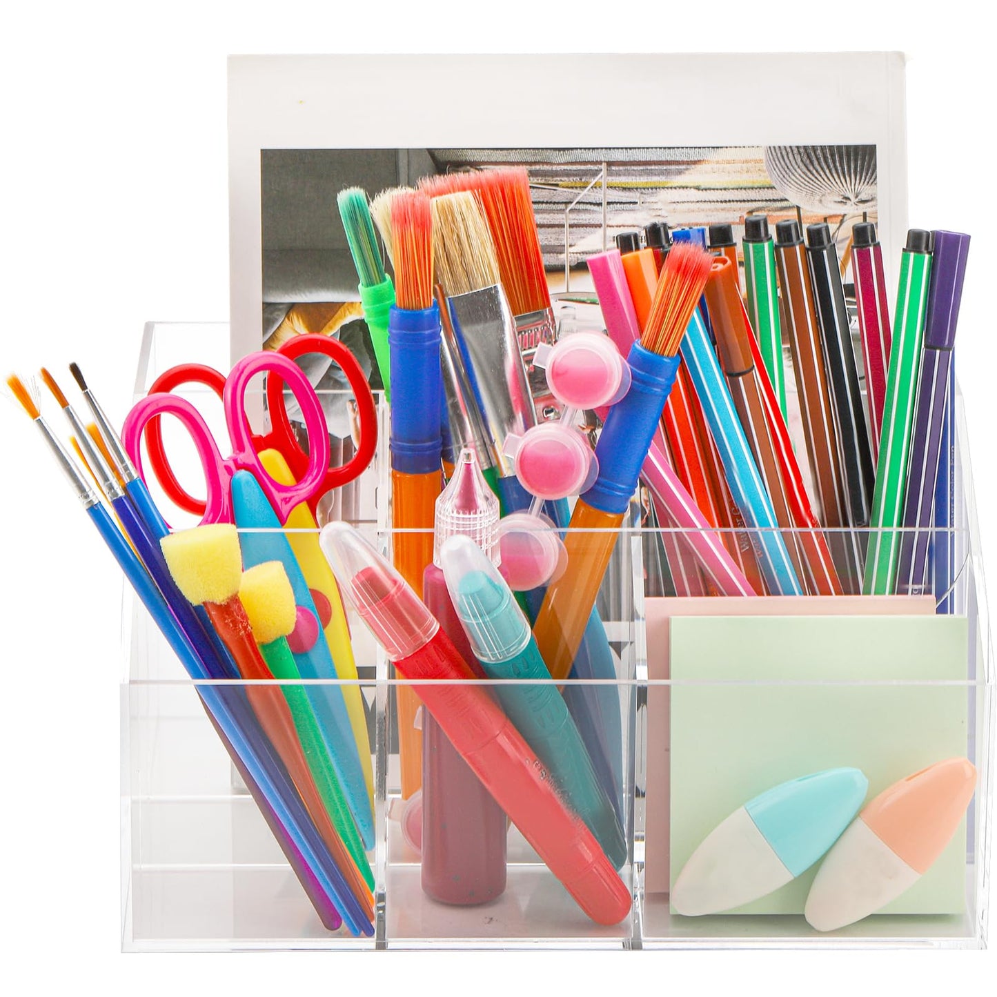7-Compartment Clear Acrylic Desk Organizer, Stationary Caddy and Pen Holder for Notebooks and Pencils, Multi-functional Storage for School, Artist, and Office Craft Room Supplies