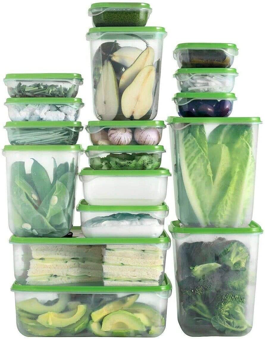 FIZZYBERRIES 17 Psc Food Storage Container with Lids Storage Box Set Meal Prep Microwave Safe Modern-look Green Clear