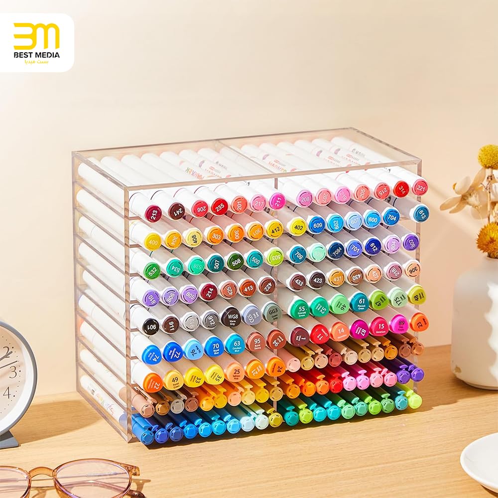 Acrylic Marker Organizer, Clear 126-Capacity Art Marker and Pencil Holder with 18 Compartments, Desktop Display Stand for Pens, Brushes and Office Supplies Storage, Clear