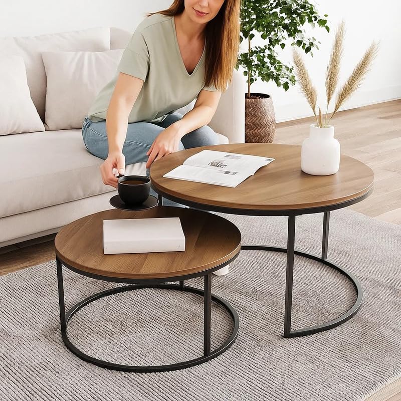 Modern Nesting Coffee Table Set of 2, Round Industrial Wood and Metal Accent Tables, 65x65x45 cm, Stackable Design for Living Room, Powder-Coated Steel Frame, Space-Saving Stylish Home Decor