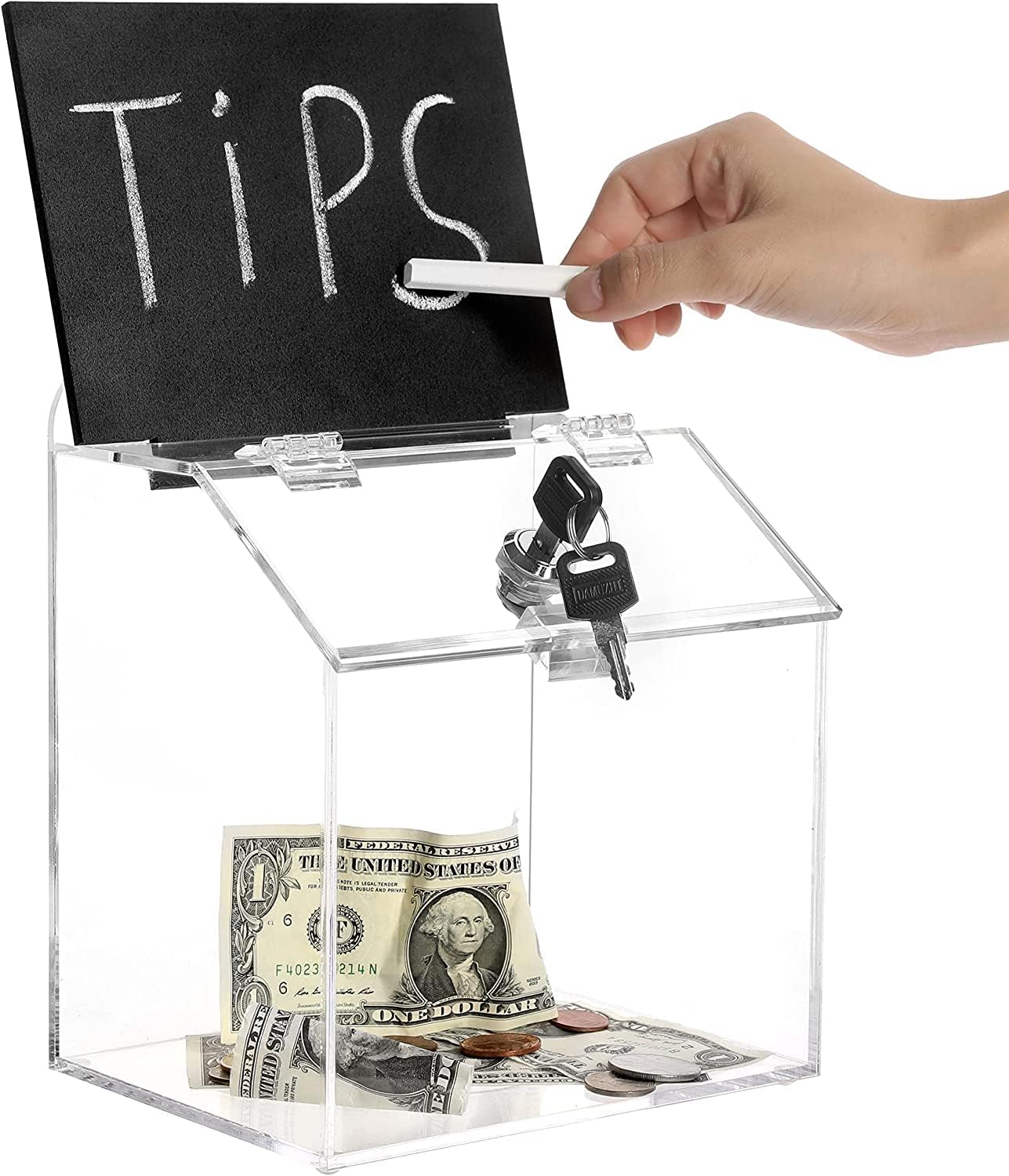 Clear Acrylic Donation Box with Lock and Key, 18 x 14 x 22 cm, Wall Mounted or Countertop Collection with Chalkboard Sign and Removable Display, Secure Fundraising Tip