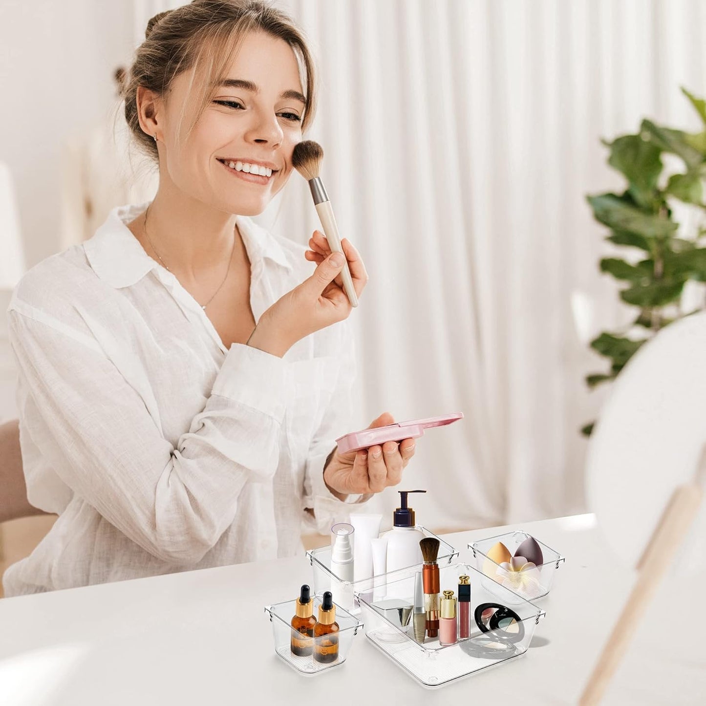 Zollyss Desk Drawer Organizer Trays Various Size Bathroom Drawer Tray Dividers Plastic Vanity Organizers Storage Bins for Makeup Dresser Kitchen Office (Clear) (6 PCS)