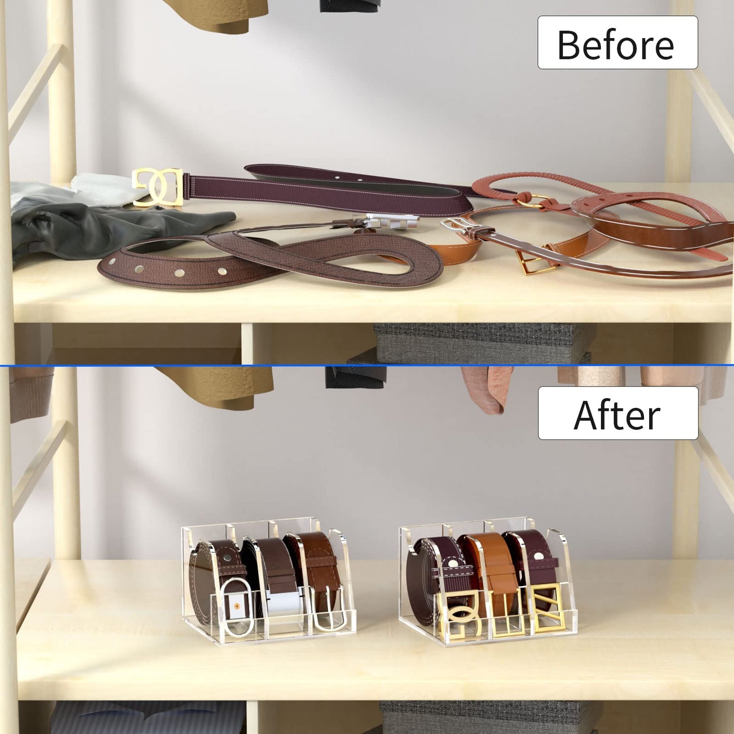 Acrylic Belt Organizer, Clear Belt Storage Holder with 3 Compartments and Display Stand, Perfect for Closet, Drawer and Dresser Organization, Elegant Storage Solution for Belts, Clear