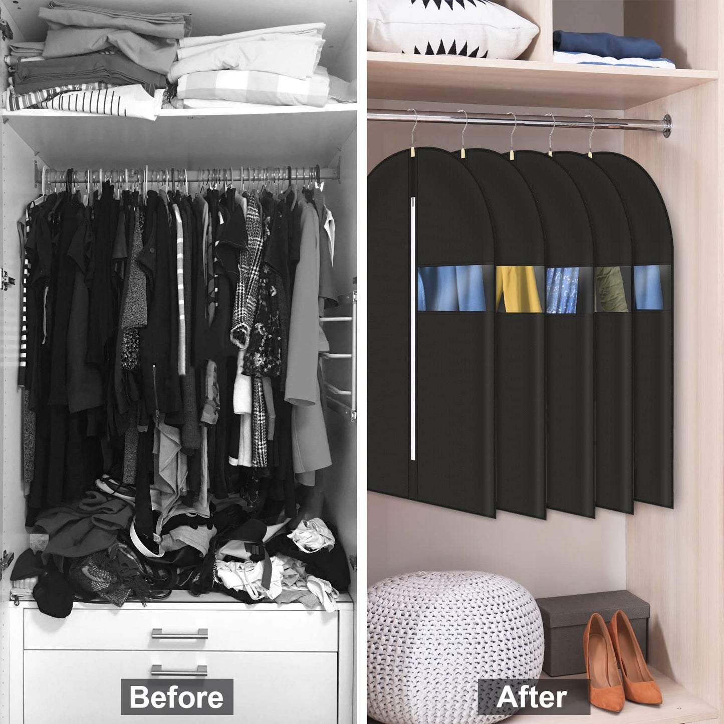 5-Pack Clothes Storage Garment Bags, Breathable Non-Woven Suit Covers with Zipper and Clear Window, Dust and Moth Protection for Suits, Jackets, Dresses, and Shirts, 100x60 cm