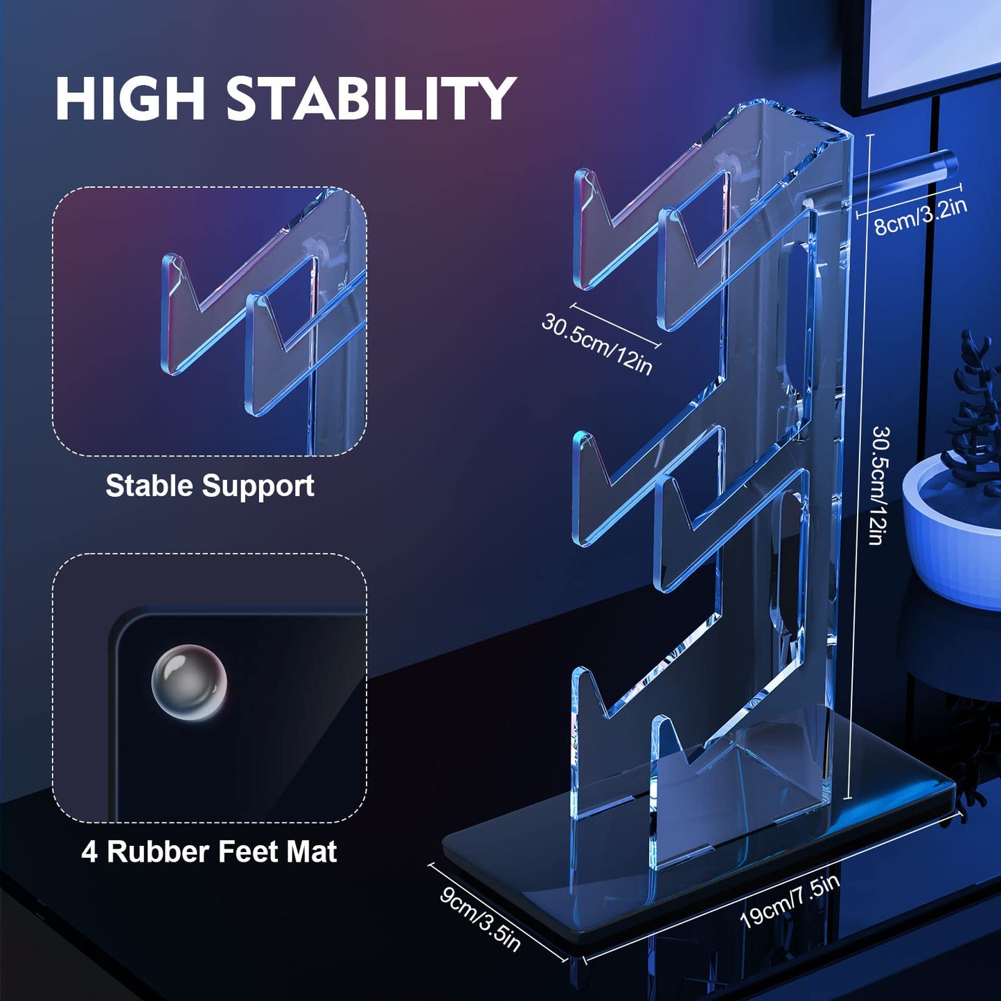 3-Tier Headset and Dual Controller Stand, Universal Gaming Organizer Rack for Desk, Clear Acrylic Holder for PS5, PS4, and Xbox Accessories, Modern Gamer Storage Station
