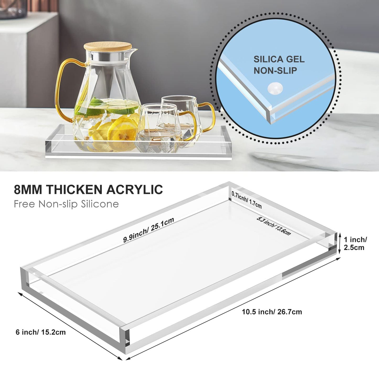 Acrylic Vanity Tray, Thick 8mm Clear Organizer Tray, 26.7 x 15.2 cm, for Bathroom Countertops, Dressers, Perfume, Jewelry, Soap, Small Decorative Tray for Home, Clear