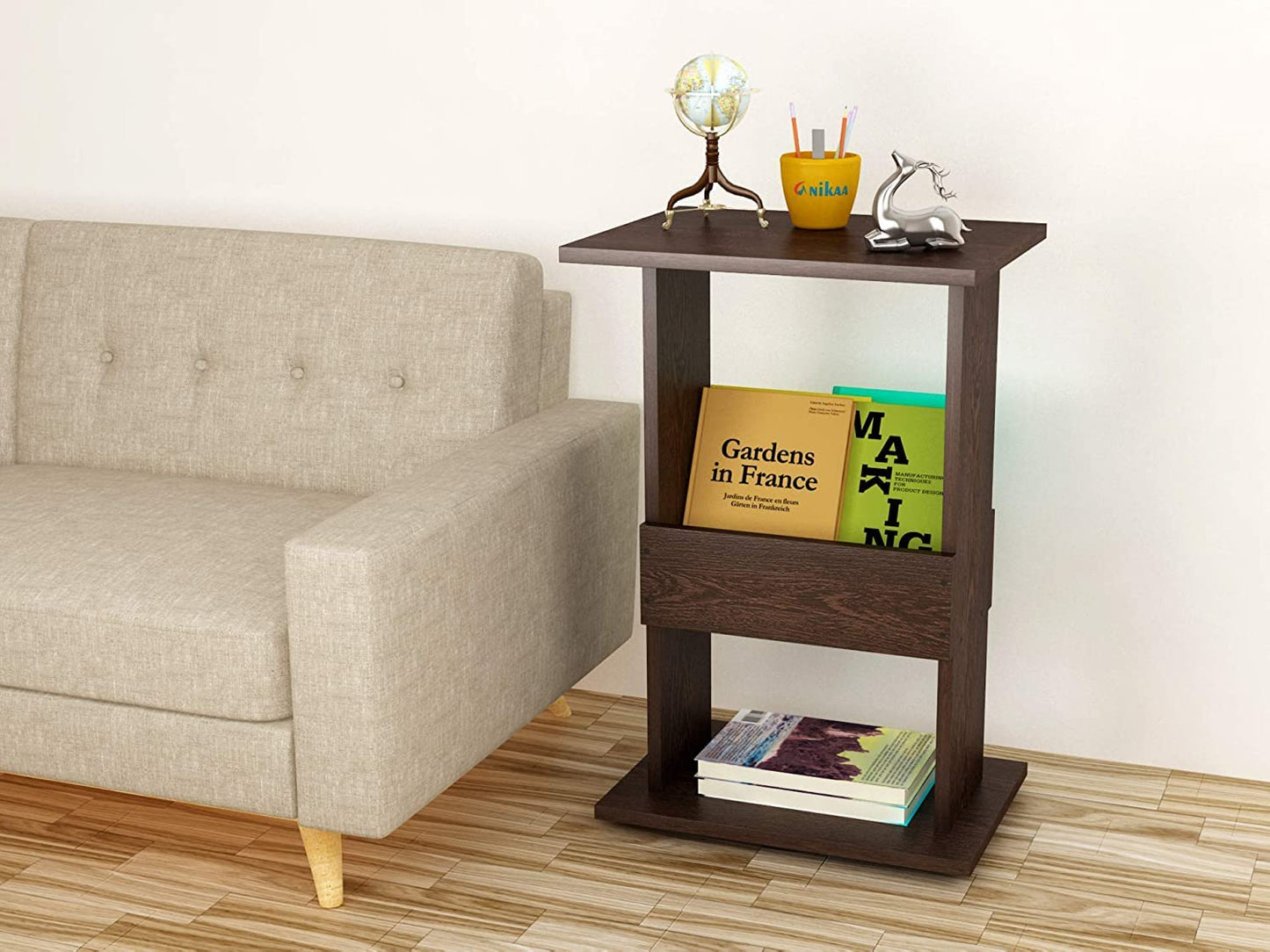 Wooden Bedside Sofa Side end Table with Bookshelf Magazine Rack (Brown)