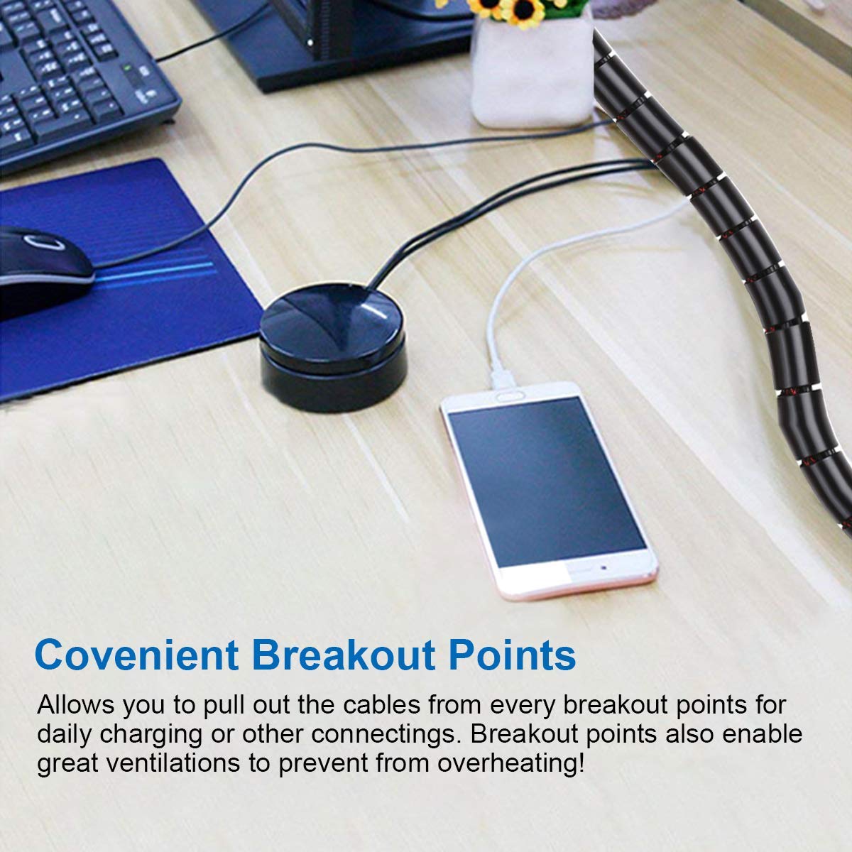 Cable Management Sleeve,2M Cable Bundler Manager with Cord Organizer Clip, DIY Flexible Coiled Tube -Diameter 22m/0.87 inch -Spread Width 2.75inch- Black