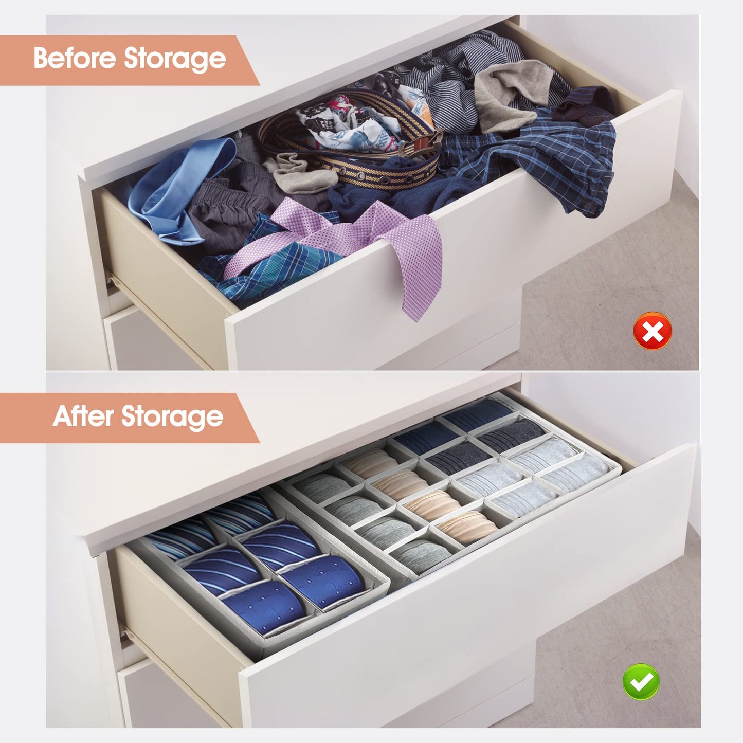 4-Pieces Fabric Wardrobe Organizer, Foldable Storage Bins for Underwear, Socks, Bras, and Accessories, Grey, 15 x 11 x 31 cm