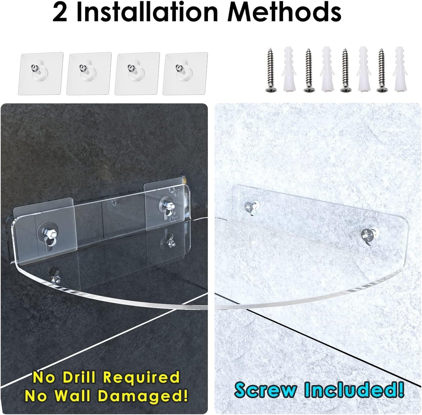 Corner Acrylic Shower Caddy Shelf 2 Pack, Wall Mounted Bathroom Organizer with Adhesive or Drill Installation, Rustproof Shampoo Holder for Tile Walls, 23 x 23 x 4.5 cm