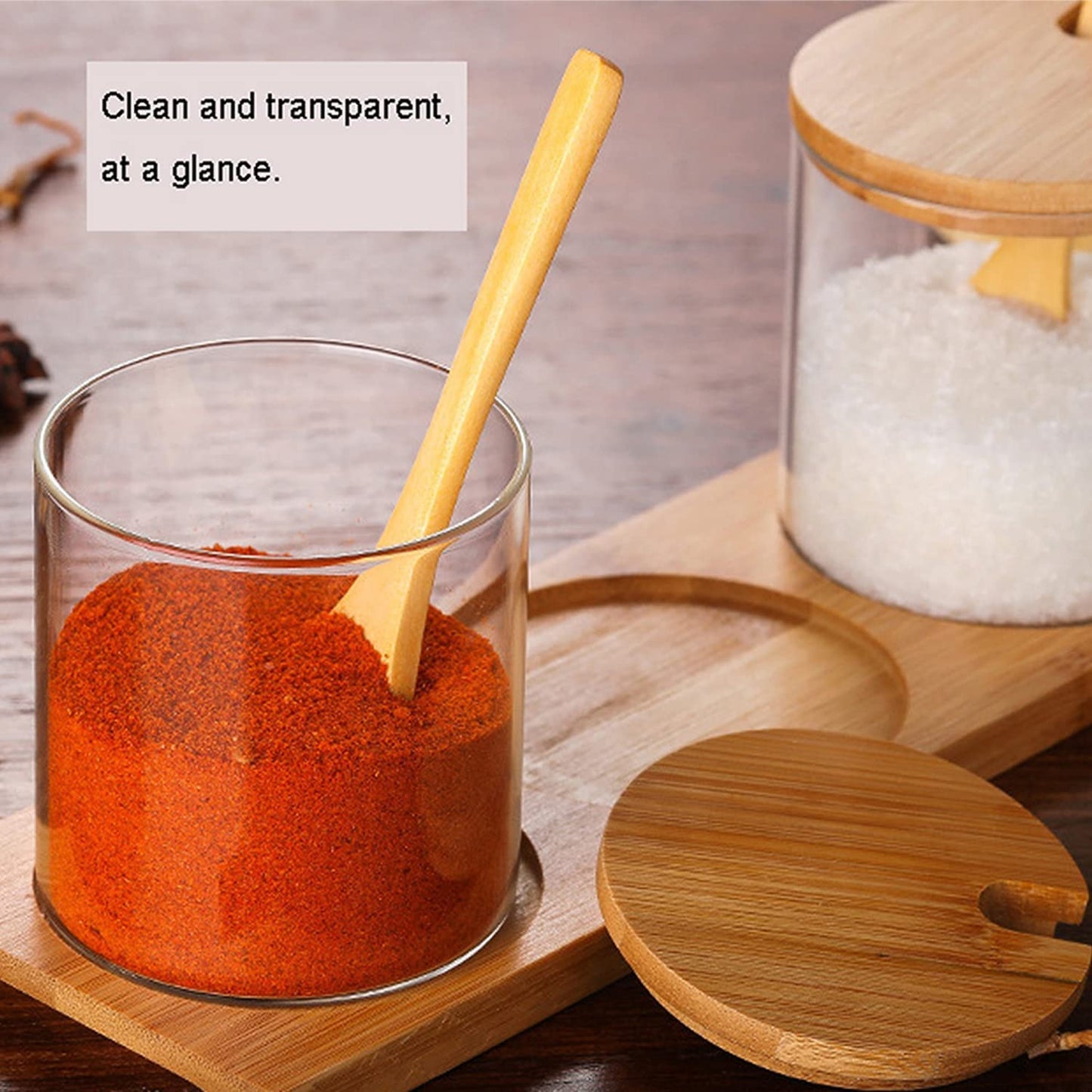 PENGQIMM Condiment Container Seasoning Box Set, Glass Condiment Canisters Pots,Condiment Jars with Bamboo Lids,Base and Spoons,Spice Containers for Sugar, Salt, Pepper,300ml/10oz, Pack of 3