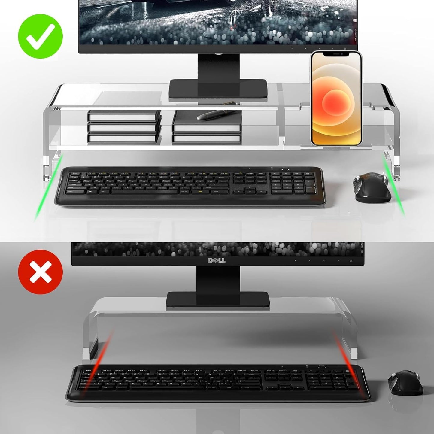 Clear Acrylic Monitor Stand Riser with 2 Tiers and Phone Holder, 50.8 x 20.3 x 11.4 cm Desktop Organizer Shelf for Laptop Printer or Screen, Ergonomic Display Stand for Home or Office