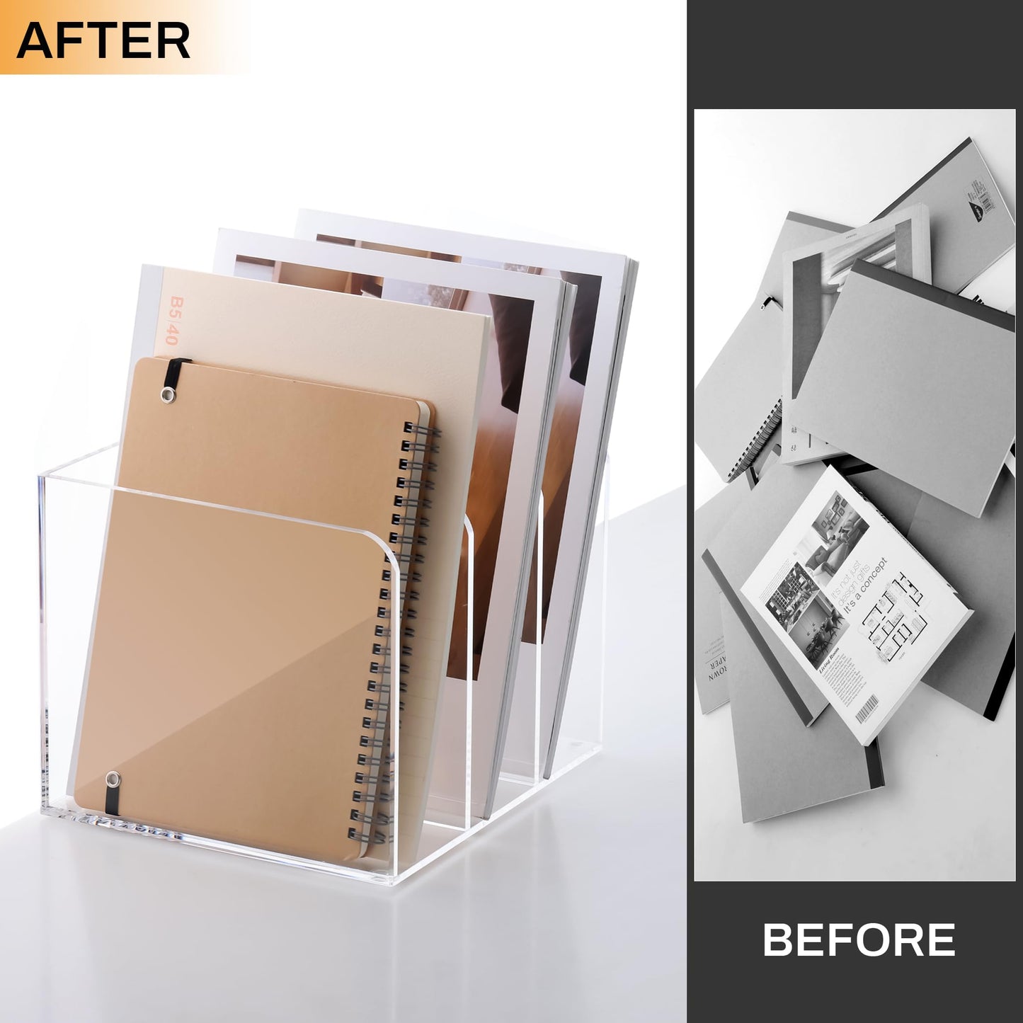 Clear Acrylic Magazine File Holder, 3-Section Vertical Desk Organizer for Office and Home Storage, Transparent Stand for Files, Folders, and Mail, Sturdy and Modern Desktop Accessory