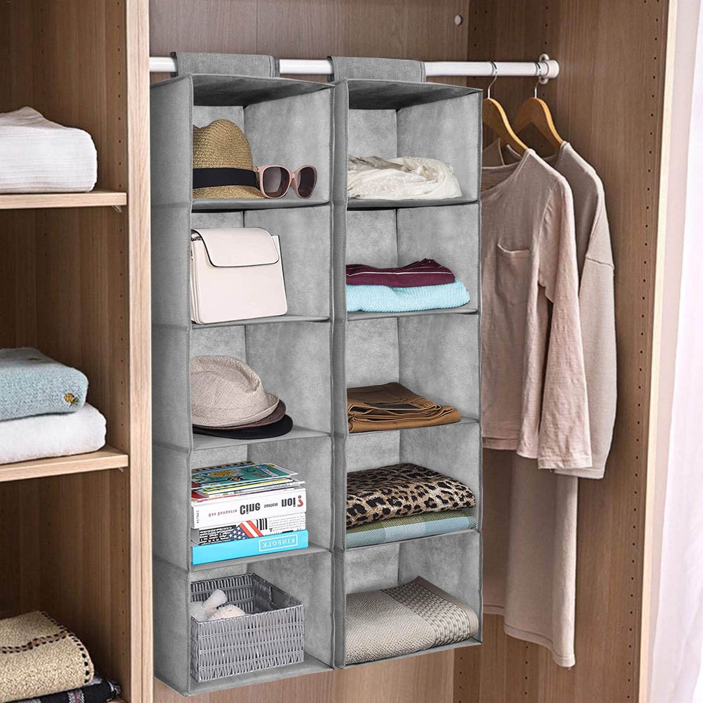 5-Shelf Hanging Closet Organizer, Foldable Cupboard Storage with Easy Fastening Strap, Space-Saving Clothes & Shoe Rack, Grey, 30x30x100 cm